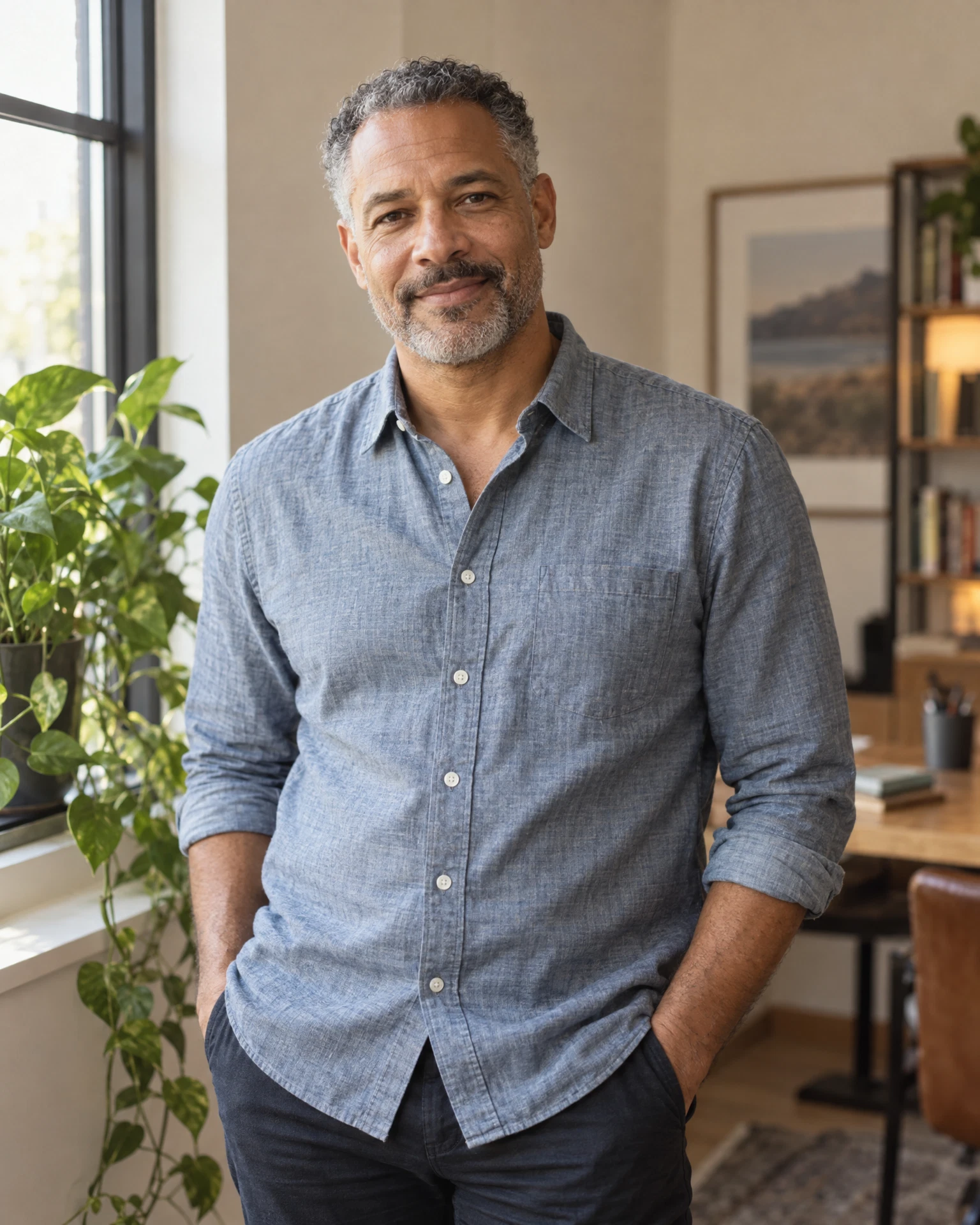 Portrait of Vince, career coach, standing beside a window in a bright office.