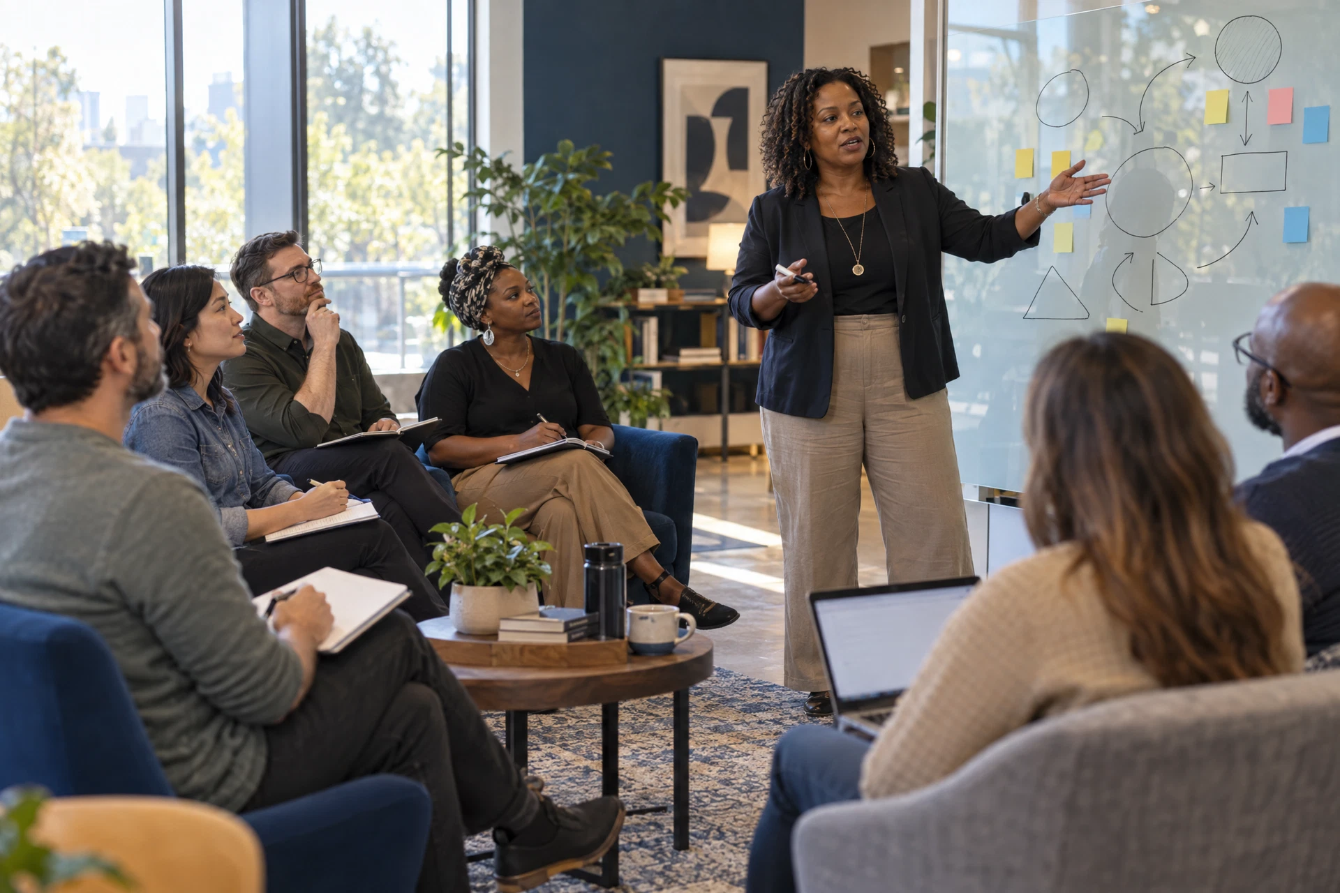 A facilitator standing beside a glass whiteboard of diagrams and notes, addressing a small seated group of adult learners.