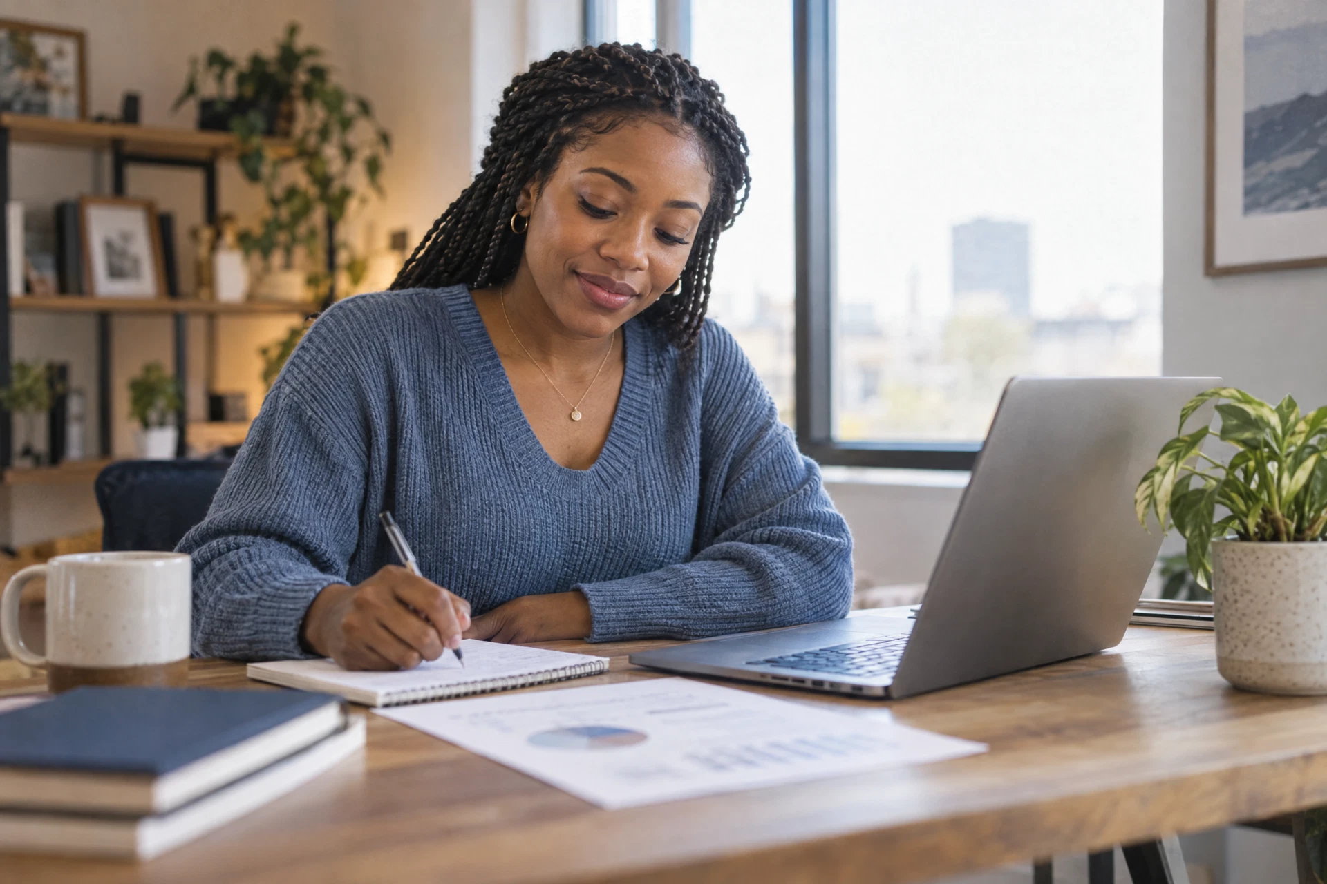 A woman writing notes at a desk with a laptop open and a worksheet in front of her.