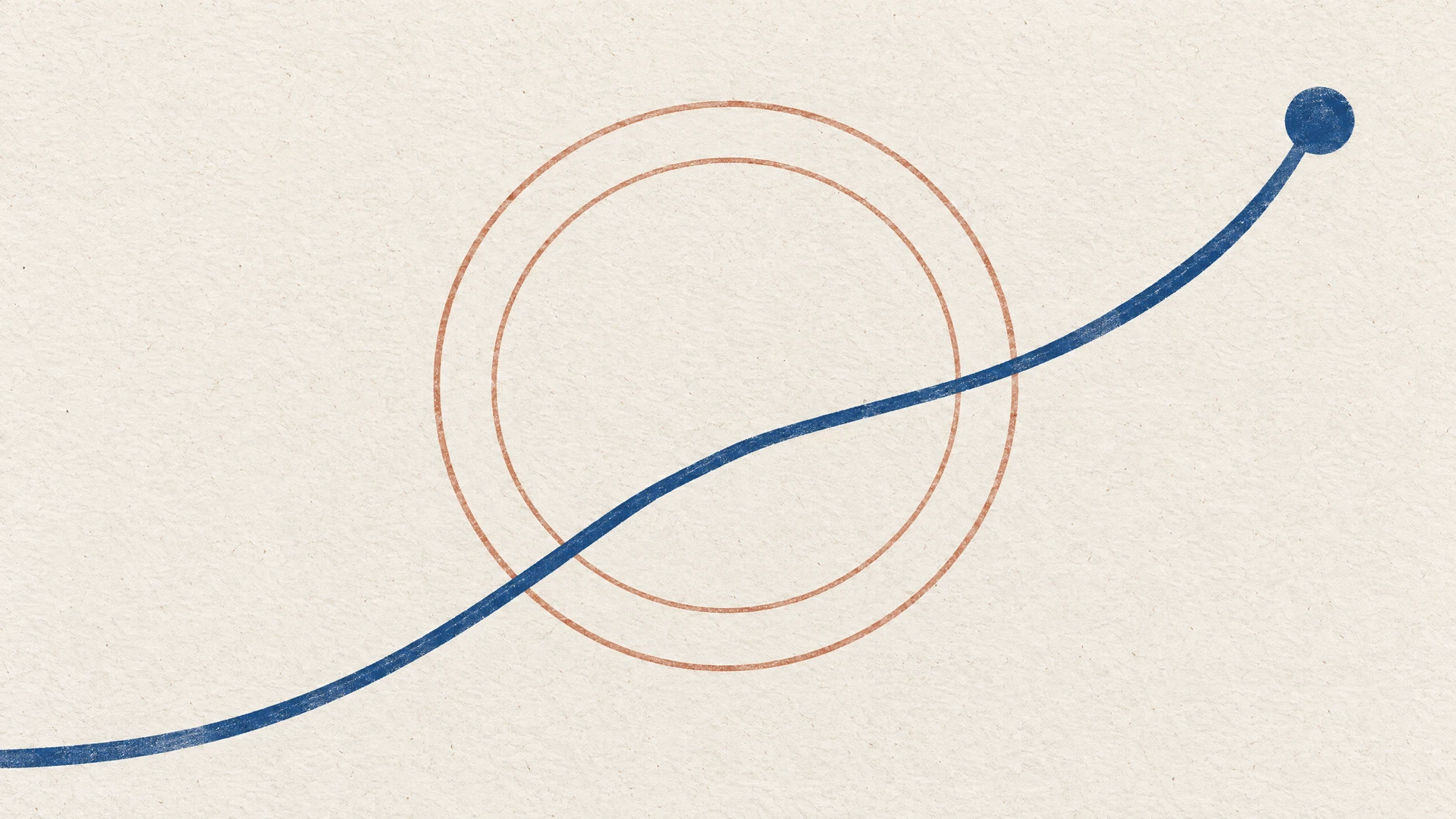 An abstract illustration of a single blue path curving upward to a solid circular node, set on warm textured paper.