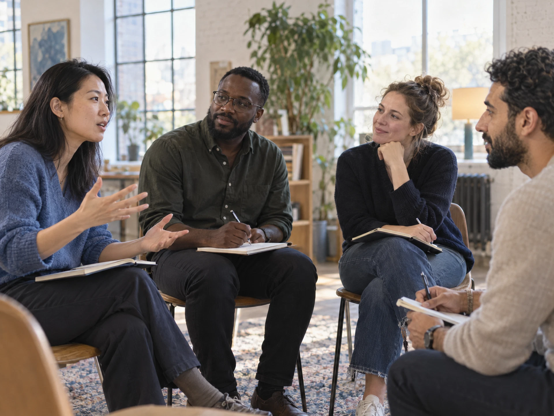 Four adults in a bright studio listening to one another with notebooks open during a training session.