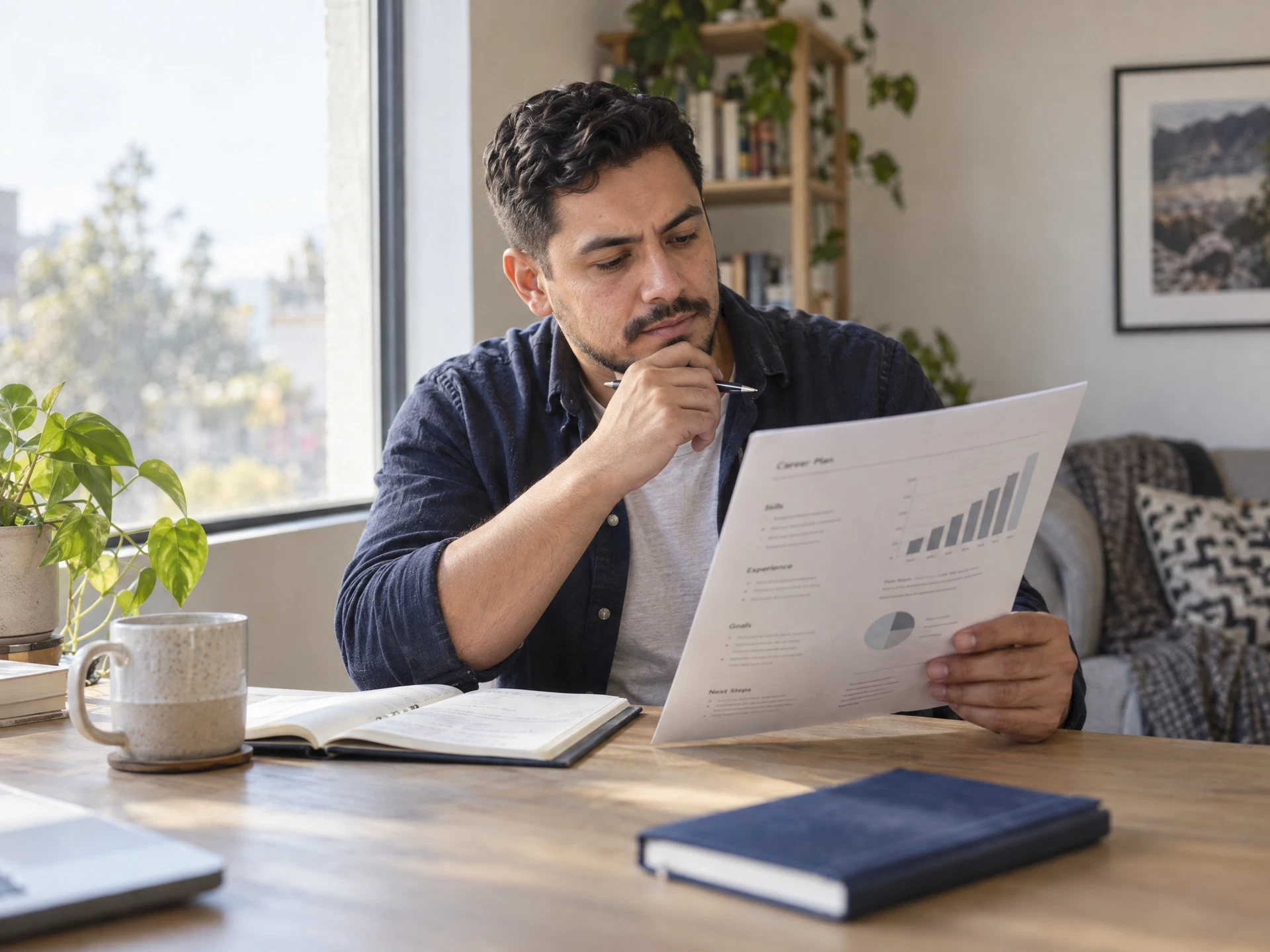 A professional reviewing a printed career plan at a desk beside a window, pen in hand.